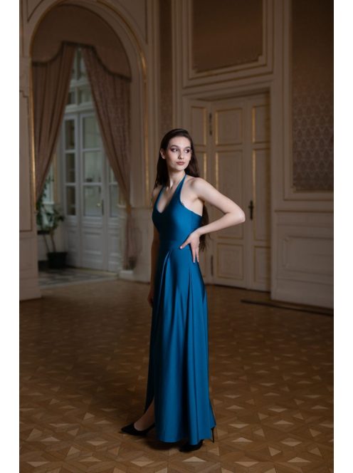 U alakú dekoltázsú, nyakba akasztós ruha acélkék színben.