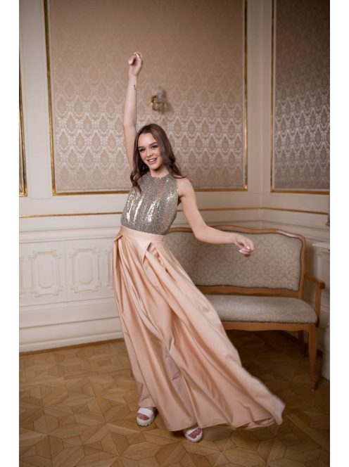 Elől zárt, hátnélküli ruha flitteres felsővel – pezsgő 