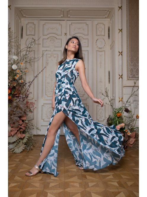 Csepp alakban kivágott maxi ruha – kolibri mintás