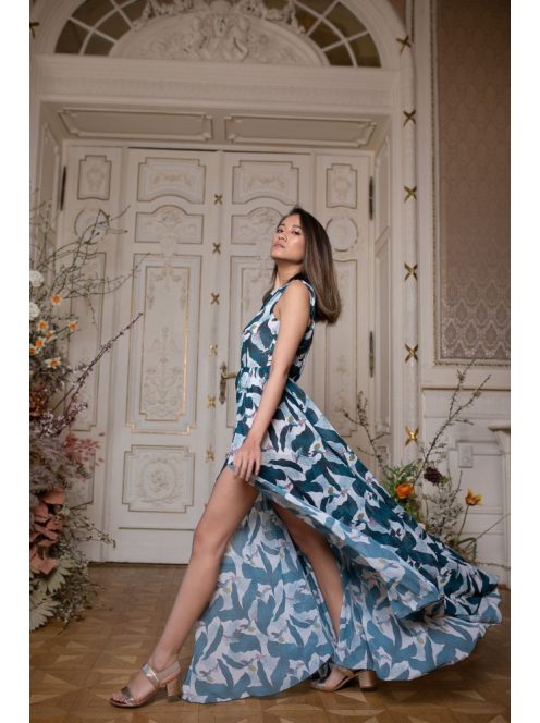 Csepp alakban kivágott maxi ruha – kolibri mintás