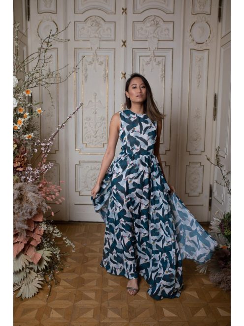 Csepp alakban kivágott maxi ruha – kolibri mintás