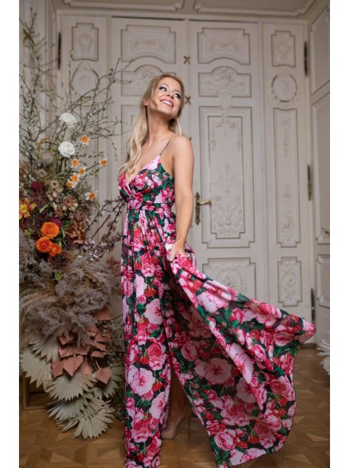 Nyarat idéző, rózsaszín virágmintás, V kivágású maxi ruha. 