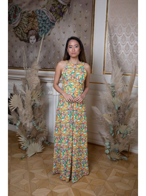 Elől-hátul csepp alakban kivágott virág mintás alkalmi ruha. 