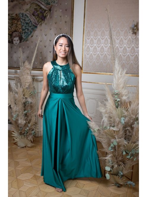 Csepp alakban kivágott flitteres maxi ruha – zöld 