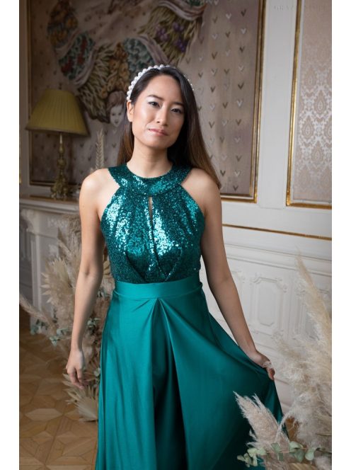 Csepp alakban kivágott flitteres maxi ruha – zöld 