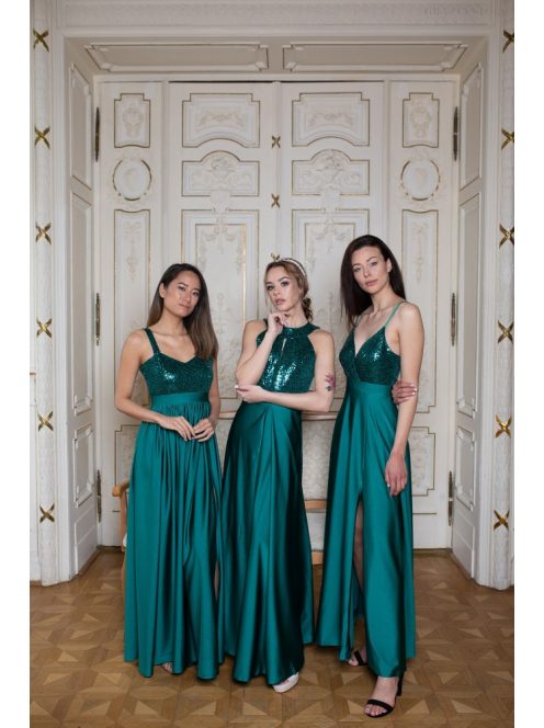 Csepp alakban kivágott flitteres maxi ruha – zöld 