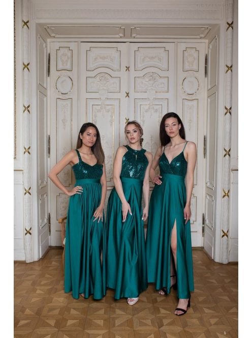 Csepp alakban kivágott flitteres maxi ruha – zöld 