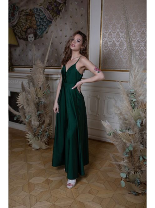 Elegáns, zöld színű ruha V kivágású, átlapolt felsőrésszel. 