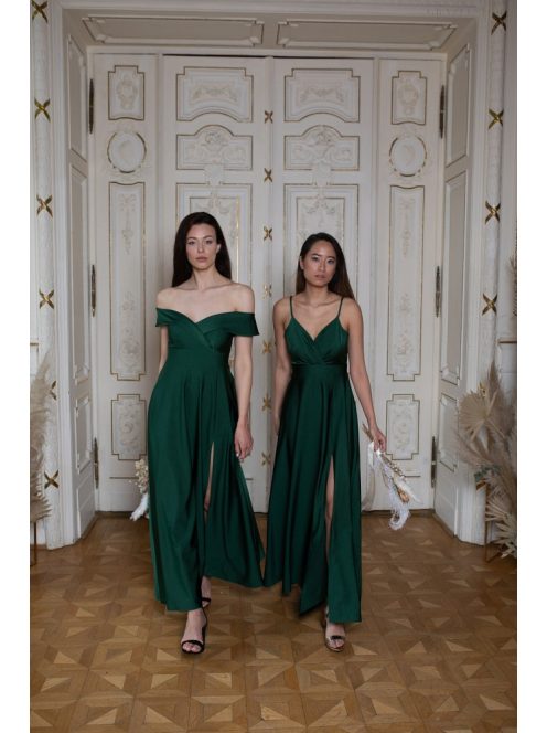 Elegáns, zöld színű ruha V kivágású, átlapolt felsőrésszel. 