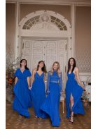 Elegáns, királykék színű ruha V kivágású, átlapolt mellrésszel. 