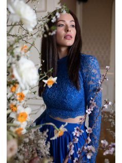 Hosszú ujjú csipke crop-top – királykék