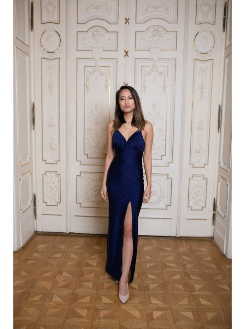 V-kivágású, szűk szabású maxi ruha – sötétkék