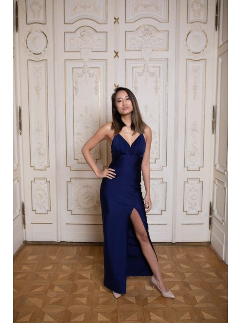  V-kivágású, szűk szabású maxi ruha – sötétkék
