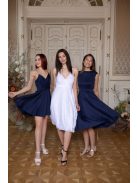 Sötétkék színű mini ruha V kivágású, átlapolt mellrésszel. 