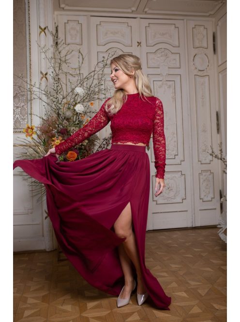 Elegáns bordó muszlin maxi szoknya ünnepélyes szettekhez. 