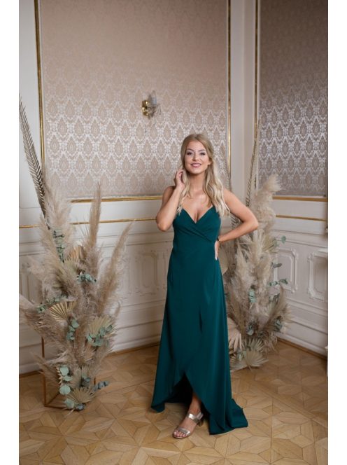 Átlapolt maxi ruha spagetti pánttal, sötétzöld színben. 