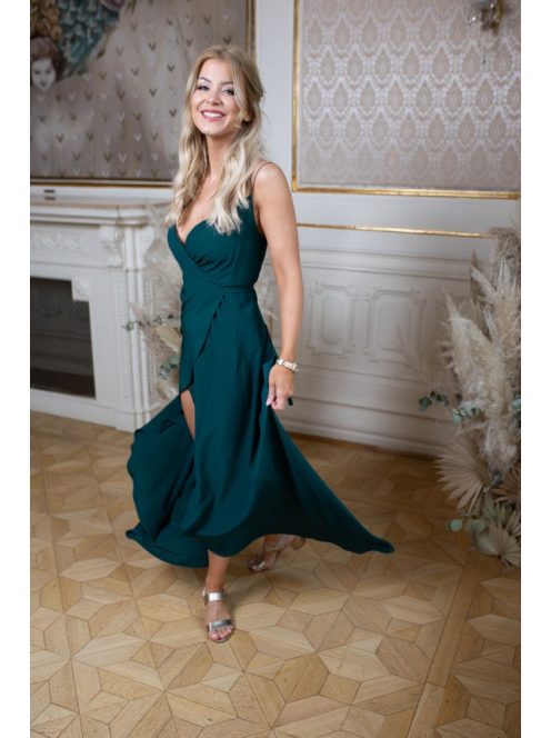 Átlapolt maxi ruha spagetti pánttal, sötétzöld színben. 
