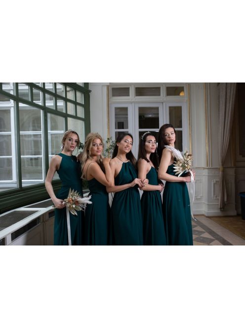 Átlapolt maxi ruha spagetti pánttal, sötétzöld színben. 