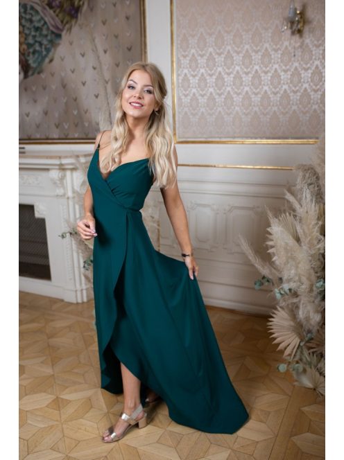 Átlapolt maxi ruha spagetti pánttal, sötétzöld színben. 