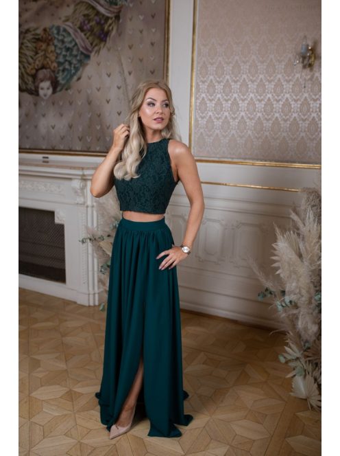 Sötétzöld színű, elegáns csipke crop top alkalmi szettekhez.