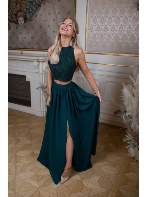 Sötétzöld színű, elegáns csipke crop top alkalmi szettekhez.