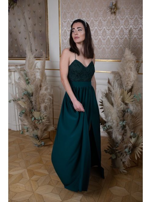 Hátnélküli muszlin ruha csipke felsővel – sötétzöld