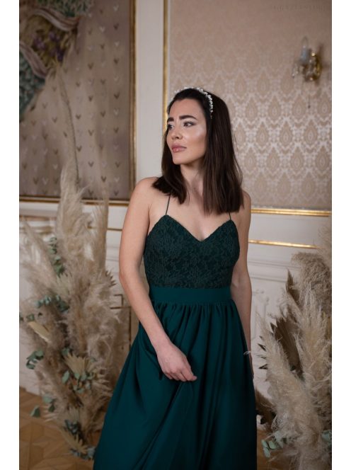 Hátnélküli muszlin ruha csipke felsővel – sötétzöld
