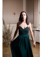 Hátnélküli muszlin ruha csipke felsővel – sötétzöld