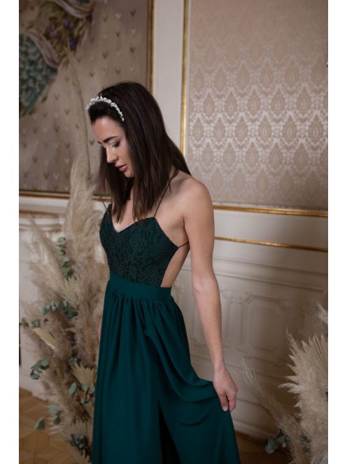 Hátnélküli muszlin ruha csipke felsővel – sötétzöld
