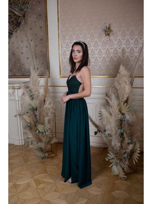 Hátnélküli muszlin ruha csipke felsővel – sötétzöld