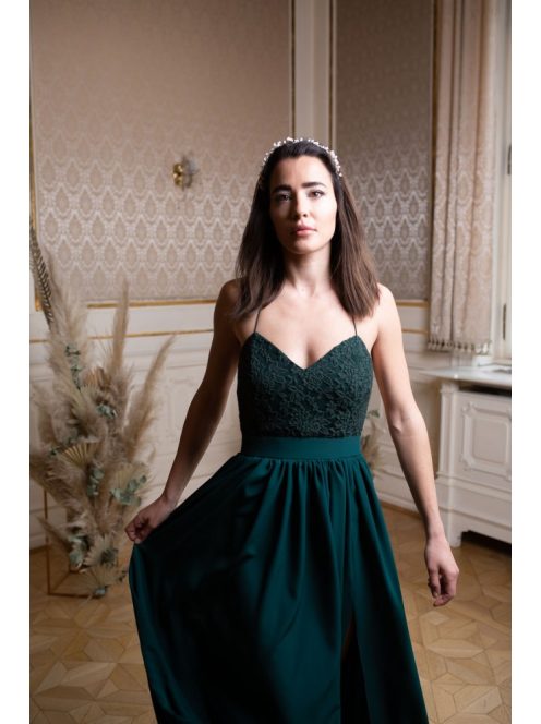 Hátnélküli muszlin ruha csipke felsővel – sötétzöld