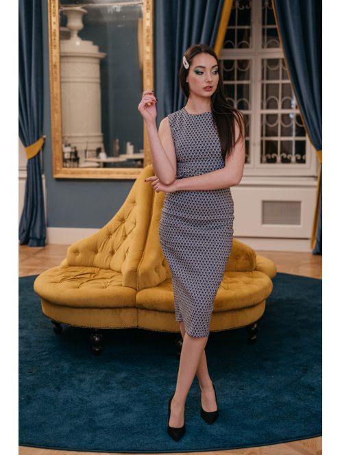 Mintás anyagú, ujjatlan ruha, sötétkék-fehér színben.