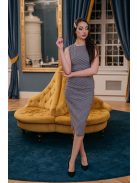 Mintás anyagú, ujjatlan ruha, sötétkék-fehér színben.