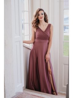   Polli - átlapolt, bordázott mellrészű, mályva színű maxi ruha