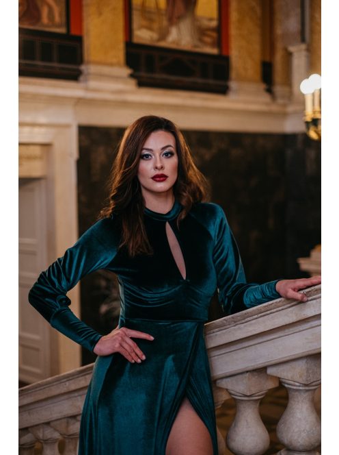 Scarlett – hosszú ujjú zöld bársony maxi ruha