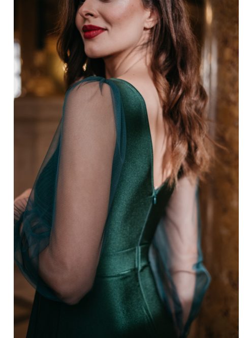 Polli ujjakkal - átlapolt, bordázott mellrészű zöld maxi ruha tüll ujjakkal