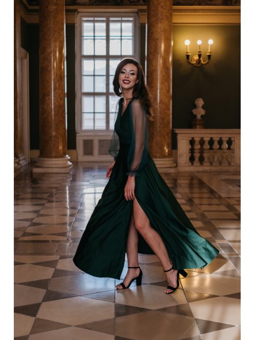 Polli ujjakkal - átlapolt, bordázott mellrészű zöld maxi ruha tüll ujjakkal