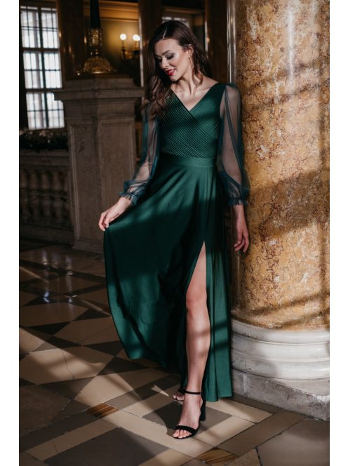 Polli ujjakkal - átlapolt, bordázott mellrészű zöld maxi ruha tüll ujjakkal