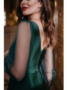 Polli ujjakkal - átlapolt, bordázott mellrészű zöld maxi ruha tüll ujjakkal