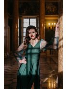 Polli ujjakkal - átlapolt, bordázott mellrészű zöld maxi ruha tüll ujjakkal