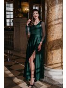 Sötétzöld színű maxi ruha, tüll ujjakkal, fényes anyagból.
