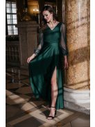 Sötétzöld színű maxi ruha, tüll ujjakkal, fényes anyagból.