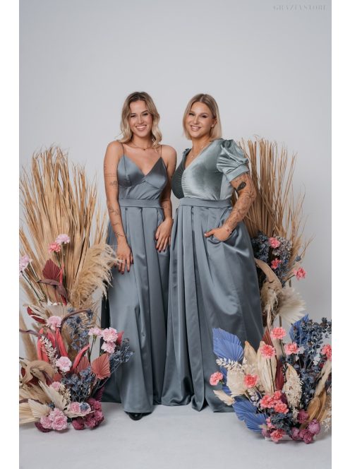 Ramóna - Zöldes szatén maxi bársony felsőrésszel