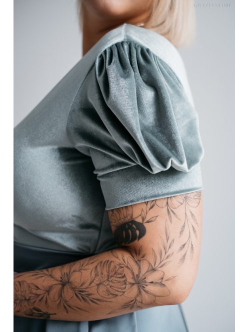 Ramóna - Zöldes szatén maxi bársony felsőrésszel