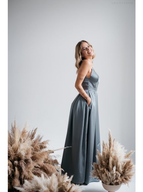 Zenina- Zöldes szatén V kivágású maxi ruha