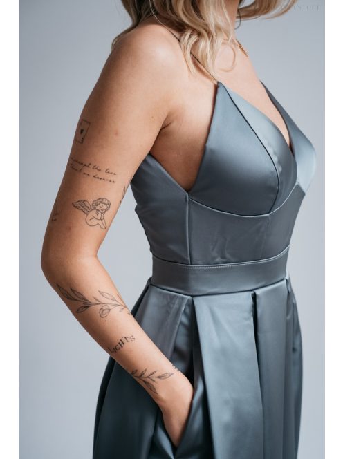 Zenina- Zöldes szatén V kivágású maxi ruha