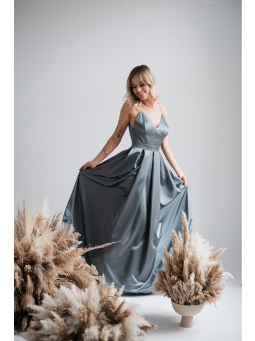 Zenina- Zöldes szatén V kivágású maxi ruha