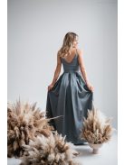 Zenina- Zöldes szatén V kivágású maxi ruha