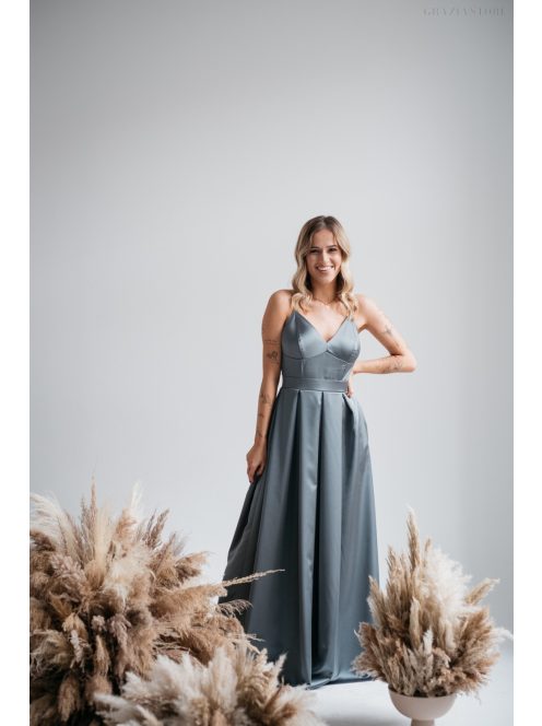 Zenina- Zöldes szatén V kivágású maxi ruha