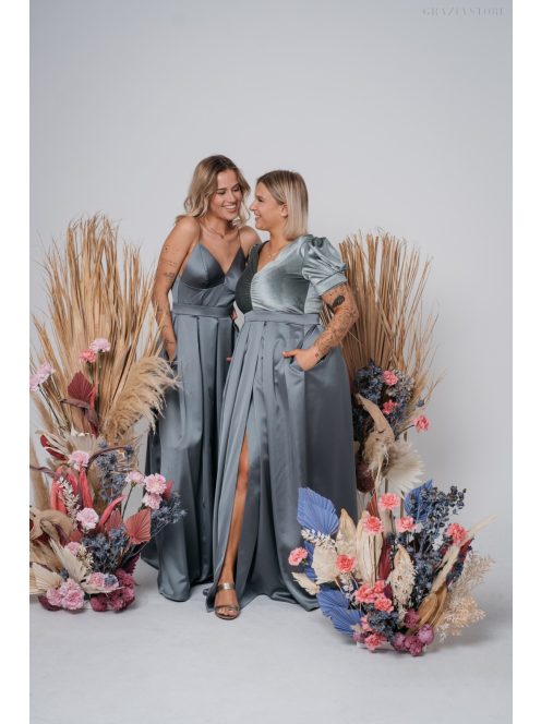 Zenina- Zöldes szatén V kivágású maxi ruha